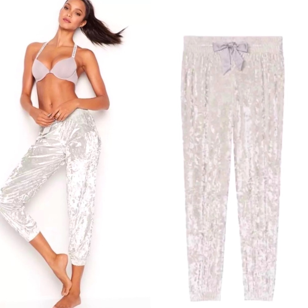 Victoria Secret, crushed velvet pearlescent jogger pants, tie string, NWOT